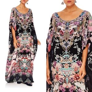 Camilla Maxi Kaftan Muumuu Nights With Her Black Silk Asian Kimono Resort OS